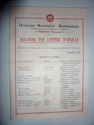 Image du vendeur pour Officine Manfredi Bongioanni - FOSSANO ( Piemonte ) MACCHINE PER LATERIZI D'ARGILLA. Elenco Forniture eseguite nell'ultimo triennio - GENNAIO 1931" mis en vente par Historia, Regnum et Nobilia