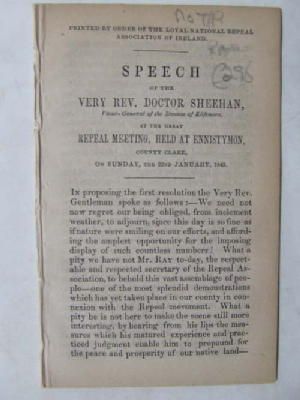 Seller image for Speech of The Very Rev. Doctor Sheehan, Vicar-General of The Diocese of Kilfenora, at The Great Repeal Meeting, held at Ennistymon, County Clare, on Sunday the 22nd January, 1843 for sale by Kennys Bookstore