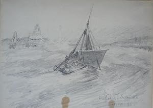 Hafeneinfahrt Ostende mit Fischerboot. Bleistift