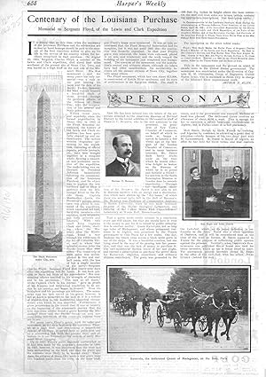 Bild des Verkufers fr PRINT: "Centenary of The Louisiana Purchase: Memorial to Sergeant Charles Floyd, of the Lewis and Clark Expedition".story and photo from Harper's Weekly, July 6, 1901 zum Verkauf von Dorley House Books, Inc.