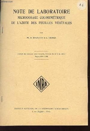 Seller image for NOTE DE LABORATOIRE MICRODOSAGE COLORIMETRIQUE DE L'AZOTE DES FEUILLES VEGETALES. for sale by Le-Livre