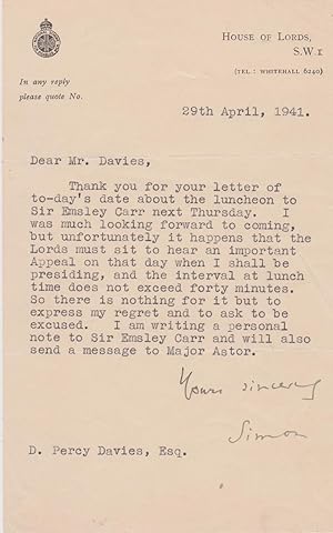 Typed letter signed to D. Percy Davies.