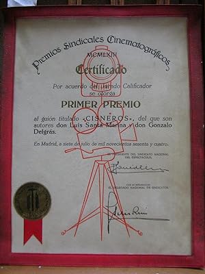 Premios Sindicales Cinematográficos MCMLXIII. Cerficado Primer Premio al guión titulado CISNEROS ...