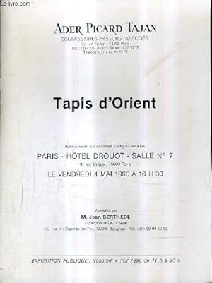 Bild des Verkufers fr FASCICULE DE VENTES AUX ENCHERES - TAPIS D'ORIENT - PARIS HOTEL DROUOT SALLE 7 - 4 MAI 1990. zum Verkauf von Le-Livre