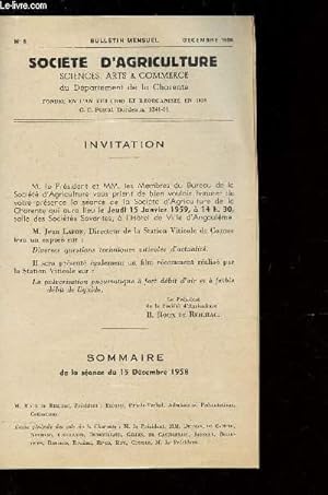 Bild des Verkufers fr SOCIETE D'AGRICULTURE, SCIENCES, ARTS ET COMMERCE du departement de la Charente / N8 - DECEMBRE 1958 / SOMMAIRE DE LA SEANCE DU 15 DECEMBRE 1958. zum Verkauf von Le-Livre