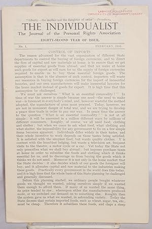 Immagine del venditore per The Individualist: the journal of the Personal Rights Association. Eighty-second year of issue. No. 1, February, 1952 venduto da Bolerium Books Inc.