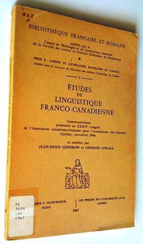 Seller image for tudes de linguistique franco-canadienne for sale by Claudine Bouvier