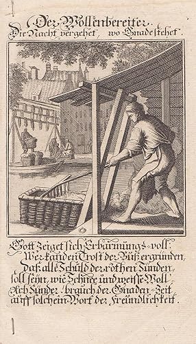 Der Wollenbereiter. Kupferstich bei Christoph Weigel, Nürnberg um 1700. Kopfzeile und Sinnspruch....