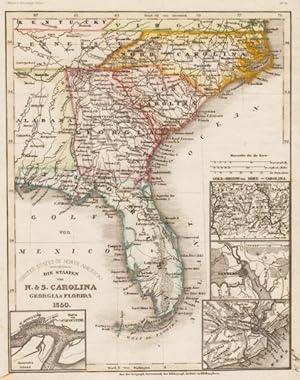 Die Staaten von N. & S. Carolina, Georgia & Florida. 1850. 4 Nebenkarten. Grenzkolor. Stahlstich-...