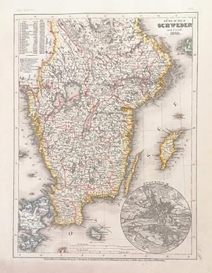 Südliches Schweden nach Forsell. 1849. Grenzkolor. Stahlstich-Karte mit 1 Nebenkarte (Plan von St...