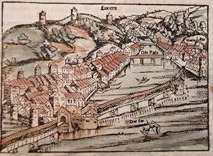 Lucern (Luzern). Altkolorierter Holzschnitt aus Sebastian Münster, um 1580. 9,8 x 13,7 cm.