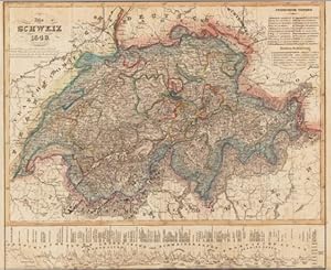 Die Schweiz 1849. Entworf. u. gezeichnet v. Hauptmann Radefeld. Grenzkolor. Stahlstich-Karte des ...