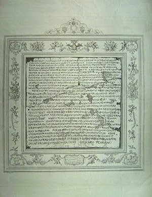 Dekorativer Einblattdruck, Kupferstich: (wohl imag.) Fragment einer antiken Schrifttafel umrahmt ...