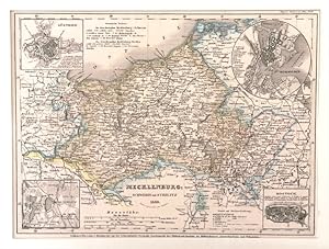 Bild des Verkufers fr Mit 4 Nebenkarten bzw. Plnen v. Gstrow, Schwerin, Rostock und Neu-Strelitz. Entw. u. gez. v. Ltn. Renner.randkolor. Stahlstich 18,2 x 24,8 cm. zum Verkauf von Klaus Schneborn