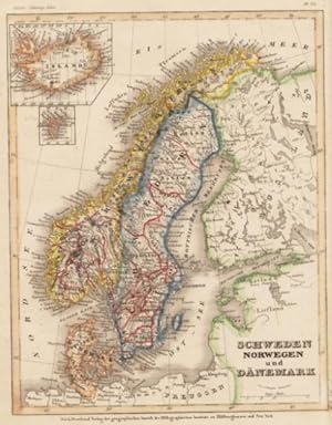 Schweden, Norwegen und Dänemark. Gez. v. Hauptm. Radefeld. Gestoch. randkolor. Karte aus Meyer's ...