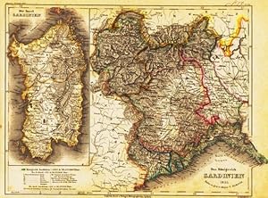 Das Königreich Sardinien 1851. Die Insel Sardinien. Grenzkolor. Stahlstich-Karte des Bibl. Inst. ...