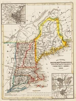 Seller image for Die Staaten von Maine, New Hampshire, Massachusetts, Vermont, Connecticut & Rhode I. 1850. 3 Nebenkarten. Grenzkolor. Stahlstich-Karte der Schweinfurter Geogr. Graviranstalt des Bibl. Inst. Hildburghausen u.a. (25 x 19,7 cm) Aus: Meyers Zeitungs-Atlas. for sale by Klaus Schneborn