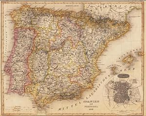 Spanien und Portugal 1849 u. gestoch. Plan von Madrid. Gez. v. Hauptmann Radefeld. Randkolorierte...