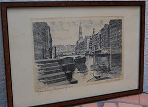 Hamburg. Reimersfleet. Orig.-Radierung von A. Bruck. (14,4 x 20 cm, Platte) gerahmt, hinter Glas....