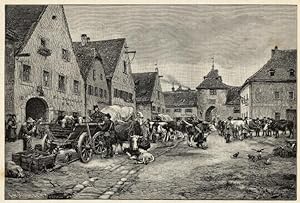 Am Markttag in Dachau. Holzstich nach Gemälde von K. Stuhlmüller. ca. 1885. 17,9 x 26,7 cm.