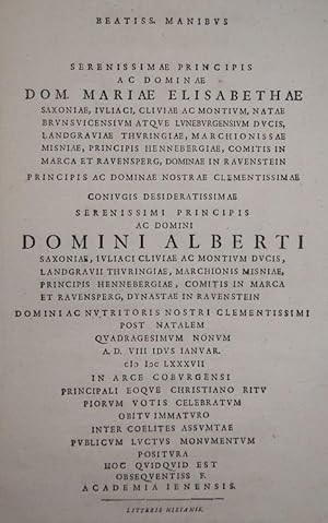 Beatiss. Manibus Serenissimae Principis ac dominae Dom. Mariae Elisabethae / Saxoniae, Iuliaci, C...