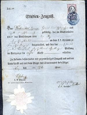 Seller image for Zeugnis / Zeugnisse. - 11 Gymnasial- bzw. Studien-Zeugnisse fr Georg Niedereder, Linz 1838-45. Jeweils mit Siegel, K. K. Control-Stmpel u. Kreuzer-Stempel und Stempelmarken. for sale by Klaus Schneborn