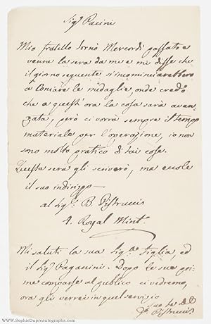 Autograph Letter Signed to Signor PACINI, (Filippo, 1777-1857, Artist, Engraver, Poet & Teacher, ...