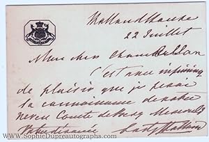 Autograph Letter Signed, in French with Translation, (Augusta, 1812-1889, née Coventry, wife, 183...