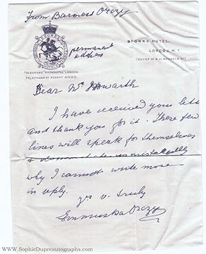 Autograph letter signed to Mr Howarth (Baroness Emmuska, 1865-1947, Author of 'The Scarlet Pimper...