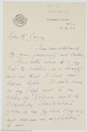 Fine Autograph Letter Signed to Mr Gregory, (Sir Donald, 1902-1968, Actor-Manager)