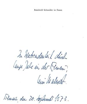 WIDMUNG in: Reinhold Schneider in Essen. Freundschaft mit Paul Mahnert. Vorwort von Leni Mahnert.