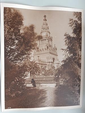 Tower of Jewels viewed through garden. Original photo Pan Pacific International Exposition.