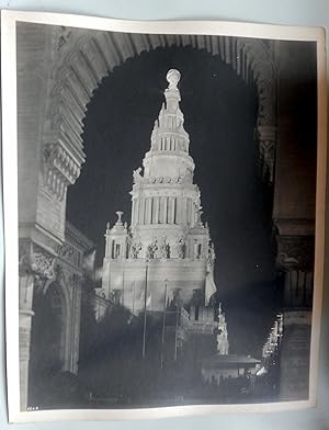Tower of Jewels at night through arch. Original photo Pan Pacific International Exposition.