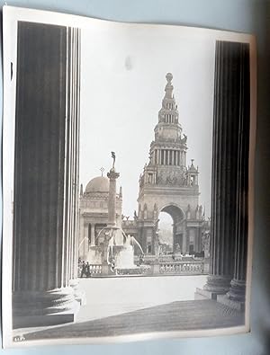 Tower of Jewels through columns with fountain. Original photo Pan Pacific International Exposition.