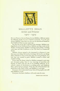 Seller image for Mallette Dean, Artist And Printer, 1907-1975. for sale by Wittenborn Art Books