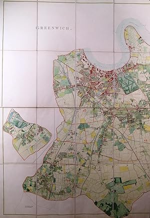 GREENWICH. Very large and highly detailed folding (wall) map, dissected into 32 segments and la...