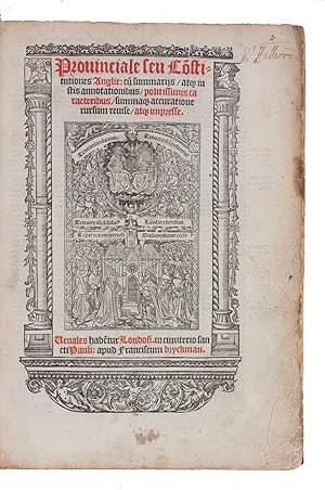 Imagen del vendedor de Provinciale seu constitutiones Anglie: cum summarijs, atque justis annotationibus, politissimis caracteribus, summaque accuratione rursum reuise, atque impresse.Including: BADIUS, Jodocus (Josse BADE). Tabula indices.London, Franciscus Bryckman (colophon: Antwerp, printed by Christoffel van Ruremund, 20 December 1525). 2 parts in 1 volume. Folio. With two title-pages, each in a woodcut border. The first shows above heaven with the holy trinity surrounded by the heavenly population, and below the world with the pope and the king kneeling before the church, surrounded by the clergy; on the second title-page the coat of arms of England, a Tudor rose with the "IHS" and Saint George and the dragon. Printed in black and red throughout. Contemporary calf in modern slipcase. a la venta por Antiquariaat FORUM BV