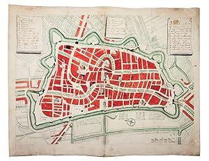 Image du vendeur pour [Manuscript map of Utrecht]. [Netherlands, late 18th century]. Manuscript map (38 x 52.5 cm) on paper, in brown ink with bright green and red watercolour. With 3 panels at top left, middle and right, with keys to 31 important locations, a compass rose, a scale, and detail drawings of several buildings. mis en vente par Antiquariaat FORUM BV