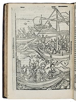 Bild des Verkufers fr Navis stultorum: oft, Der sotten schip.Antwerp, Jan II van Ghelen, 1584. Small 4to. With a woodcut of the Ship of Fools on the title-page, woodcut Dutch title-panel, Van Ghelen's large woodcut greyhounds and goat device on the last page, 118 full-page and 2 smaller woodcut illustrations in text, each page (after the title and its verso) in a border built up from arabesque cast fleurons. 18th-century sprinkled calf, gold-tooled spine and board edges, mottled edges. zum Verkauf von Antiquariaat FORUM BV