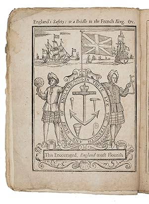 Imagen del vendedor de England's safety: or, a bridle to the French King. Proposing a sure method for encouraging navigation, and raising qualified seamen .London, William Miller, 1693. 4to. With a pseudo-heraldic woodcut frontispiece (17 x 12 cm) with letterpress title and motto ("This encouraged, England must flourish."), with as bearing an anchor topped by the royal crown, and other nautical attributes, supported by 2 men, one with a globe and the other with a quadrant, each with a compass at his feet. The British flag flies above it with ships in the background. Set in roman and italic types. 18th-century blue paper wrappers, side stitched through 4 holes, with manuscript title-label on front. a la venta por Antiquariaat FORUM BV