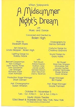 Imagen del vendedor de A Midsummer Night s Dream ( flyer from the play with cast: John Goodman / Nathan Lane / Dann Florek / Nicholas Guest /Dennis Grimaldi) a la venta por DR Fine Arts