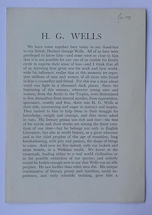 Seller image for H.G. Wells [a memorial address] for sale by Bertram Rota Ltd