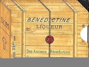 Liqueur Bénédictine. 6 menus pour réception de familles sous pochette papier figurant une caisse ...