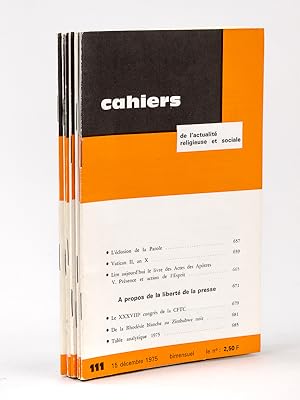 Seller image for Cahiers de l'Actualit Religieuse et Sociale ( 2e semestre 1975 - complet sauf n 104 et 105 : 8 numros ) : n 102 La Joie Chrtienne, Ehortation apostolique de Paul VI ; n 103 Euthanasie, le manifeste de trois Prix Nobel ; 106 numro-programme 1975-1976 ; 107 Roger Garaudy entre christianisme et marxisme ; 108 La fonction affective de la famille ; 109 Signes des temps ; 110 Vers un nouveau visage de l'glise ; 111 A propos de la libert de la presse. for sale by Librairie du Cardinal