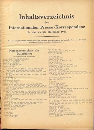 Inhaltsverzeichnis der Internationalen Presse-Korrespondenz für das zweite Halbjahr 1931