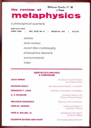 Imagen del vendedor de The Review of Metaphysics. A Philosophical quaterly; Vol. XLIX, No 4, Issue No 196, June 1996: Aristotle' s Politics a Symposium a la venta por Antikvariat Valentinska