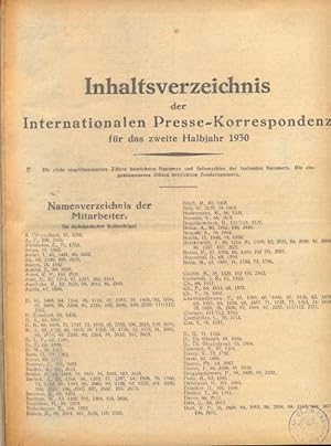 Inhaltsverzeichnis der Internationalen Presse-Korrespondenz für das zweite Halbjahr 1930