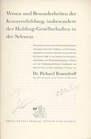 Imagen del vendedor de Wesen und Besonderheiten der Konzernbildung, insbesondere der Holding-Gesellschaften in der Schweiz . a la venta por Antikvariat Valentinska