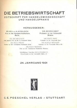 Imagen del vendedor de Die Betriebswirtschaft. 24. Jahrgang 1931, 12 Hefte gebunden. a la venta por Antikvariat Valentinska