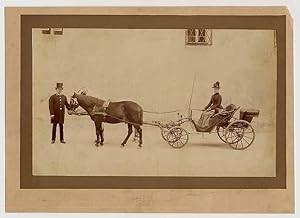 Pferdekutsche (Phaeton, Zweispänner) mit Dame und Hund auf dem Fahrersitz, der Bedienstete steht ...
